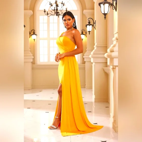 Golden Elegant One Shoulder Sleeveless Maxi Dress - Picture 2 of 6